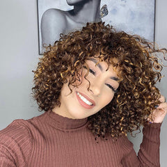 Throw On & Go Blonde Highlight Messy Curly No Lace Glueless Wig with Bangs