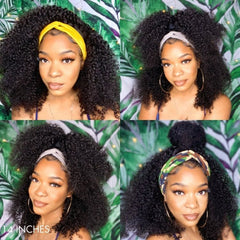 Exclusive Discount | Natural Black Jerry Curly No Lace Glueless Free Part Long Headband Wig 100% Human Hair (Get Free Trendy Headbands)