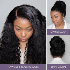 Water Wave 360 Lace Flexi-Fit Invisi Drawstring Cap Long Wig 100% Human Hair Pre-bleached & Pre-plucked & Pre-Cut Lace