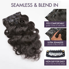 Soft Body Wave Invisible Edge Seamless Clip in Extensions Human Hair with Free Gift