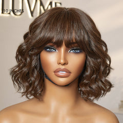 Weekly Special | Beginner Friendly Brown Loose Wave Glueless Minimalist Lace Shoulder Length Wavy Bob Wig with Bangs
