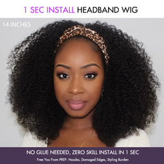 New Customers Only | Natural Black Jerry Curly No Lace Glueless Free Part Long Headband Wig 100% Human Hair (Get Free Trendy Headbands)