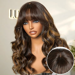 True Scalp Blonde Highlight Loose Wave Glueless Minimalist Lace Wig with Bangs
