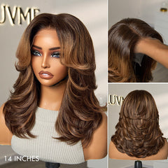 Brown Highlight Middle Part Effortlessly Chic Layered Haircut Wavy Glueless HD Minimalist Lace Short Wig