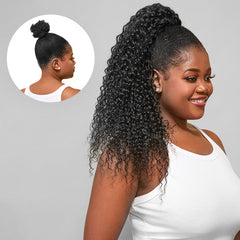 Water Wave Flexi-Fit Drawstring Ponytail Extension Human Hair Natural Black Curly Ponytail