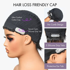 Weekly Special | Throw On & Go Short Cut with Bangs Ultra Comfort Cotton Cap Glueless Wig Hair Loss Friendly - US Only