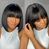 Exclusive Sale | Put On and Go Realistic Glueless Yaki Straight Bob with Bangs Minimalist Lace Wig 100% Human Hair