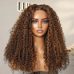 180% Density Copper Highlight Kinky Curly Glueless 5x5 Lace Closure Wig