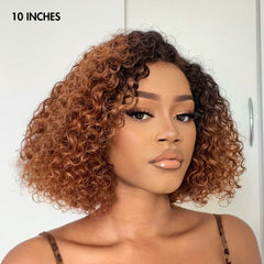 Trendy Mix Brown Short Cut Curly Minimalist HD Lace Glueless Side Part Curly Bob Wig 100% Human Hair