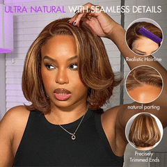 Limited Design | Toffee Brown Mix Blonde / Natural Black Layered Cut Glueless 5x5 Closure Lace Bob Wig