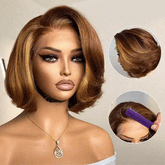 New Customers Only | Limited Design | Toffee Brown Mix Blonde / Natural Black Layered Cut Glueless 5x5 Closure Lace Bob Wig
