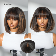 Exclusive Sale | Put On and Go Realistic Glueless Yaki Straight Bob with Bangs Minimalist Lace Wig 100% Human Hair