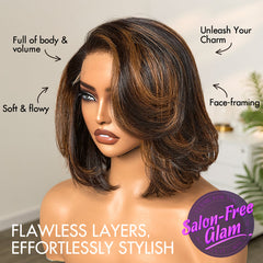 New Customers Only | Trendy Brown Highlight Layered Bob Blowout Glueless 5x5 Lace Closure Wig 100% Human Hair Pre-Cut Lace
