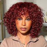 Beginner Friendly Dark Red Water Wave Glueless Minimalist Lace Curly Wig with Bangs