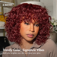 Beginner Friendly Dark Red Water Wave Glueless Minimalist Lace Curly Wig with Bangs