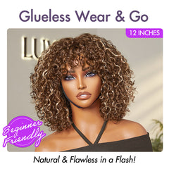 Beginner Friendly Ash Blonde Highlights Water Wave True Scalp Minimalist Lace Glueless Curly Wig with Bangs