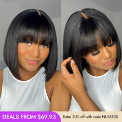 New Customers Only | Put On and Go Realistic Glueless Yaki Straight Bob with Bangs Minimalist Lace Wig 100% Human Hair