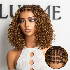 Readitress™ Ombre Brown Highlight Boho Braids Deep Curly Glueless 5x5 Closure Lace with Braided Top Human Hair Wig Pre-Cut Lace