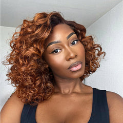 US ONLY | Non-Returnable | 12 Inches Ginger Ombre Bouncy Curly Glueless Minimalist HD Lace Short Wig 100% Human Hair