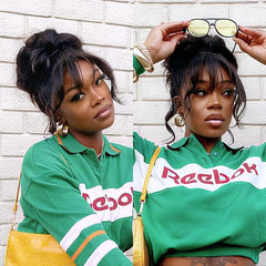 Body Wave Updo Hairpiece with Clip-In 5x5 Lace Closure Bangs and Drawstring Ponytail Quick & Easy