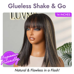 Put On and Go Blonde Highlight Yaki Straight Blunt Cut Bob Glueless Minimalist Lace Short Wig with Bangs