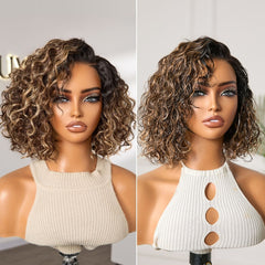 Weekly Special | Ready to Go Blonde Highlight / Natural Black Water Wave Short Curly Bob Wig Glueless Minimalist HD Lace Wig Pre-Cut Lace