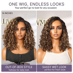 New Customers Only | Ready to Go Blonde Highlight / Natural Black Water Wave Short Curly Bob Wig Glueless Minimalist HD Lace Wig Pre-Cut Lace