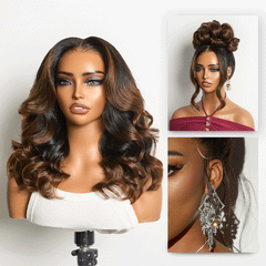 NatureMAX™ 200% Density Ombre Brown / Natural Loose Wave Glueless 13x6 HD Lace Front Shoulder Length Wig Pre-Cut Lace Flexi-Fit Drawstring Cap