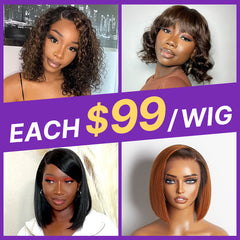 $99 Each | Final Deal 8 inches to 12 inches | Short Wig | 4 Styles Available Only 50 Left | No Code Needed | US ONLY