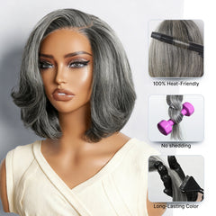 Salt & Pepper 100% Human Hair Layered Bob Wig Glueless Minimalist Lace Grey Wig Pre-Cut Lace