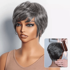 Salt & Pepper 100% Human Hair Short Pixie Cut Glueless Wig with Bangs Ultra Comfort Skin-Like Soft Care Hair Loss Friendly