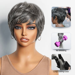 Salt & Pepper 100% Human Hair Short Pixie Cut Glueless Wig with Bangs Ultra Comfort Skin-Like Soft Care Hair Loss Friendly
