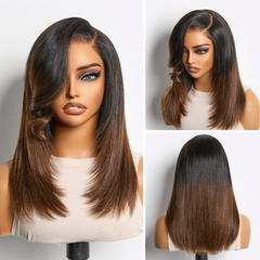 Luvme All-Day Comfort™ Wig 180% Density Ombre Brown Butterfly Cut Layered Light Yaki Straight Glueless 7x6 Closure HD Lace Short Wig Pre-Cut Lace