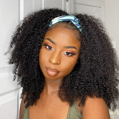 Exclusive Discount | Natural Black Jerry Curly No Lace Glueless Free Part Long Headband Wig 100% Human Hair (Get Free Trendy Headbands)