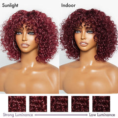 Special Deal | Beginner Friendly Dark Red Water Wave Glueless Minimalist Lace Curly Wig with Bangs