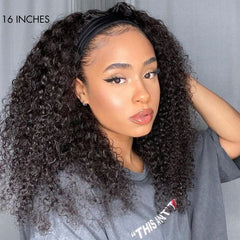 Exclusive Discount | Natural Black Jerry Curly No Lace Glueless Free Part Long Headband Wig 100% Human Hair (Get Free Trendy Headbands)