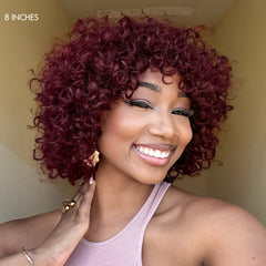 Special Deal | Beginner Friendly Dark Red Water Wave Glueless Minimalist Lace Curly Wig with Bangs