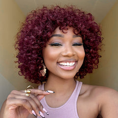 Special Deal | Beginner Friendly Dark Red Water Wave Glueless Minimalist Lace Curly Wig with Bangs
