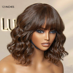 Exclusive Sale | Beginner Friendly Brown Loose Wave Glueless Minimalist Lace Shoulder Length Wavy Bob Wig with Bangs
