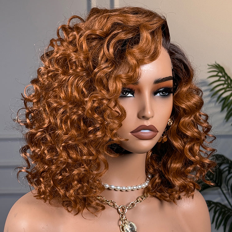 New Customers Only | Ginger Ombre Bouncy Curly Glueless Minimalist HD Lace Short Wig 100% Human Hair