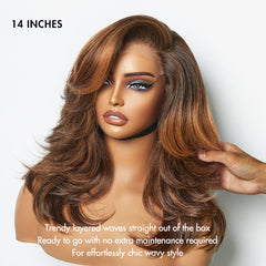 Effortlessly Chic Butterfly Haircut Pre-Layered Cut Brown Highlight Glueless Minimalist HD Lace Shoulder Length Wig
