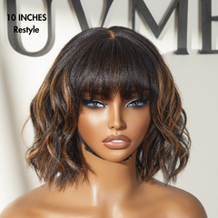 Special Offer | Put On and Go Brown Highlight / Natural Black Layered Cut Yaki Straight Minimalist Lace Bob Wig with Bangs