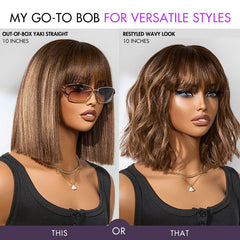 Special Deal | Ash Blonde Highlights Yaki Blunt Cut Bob Wig with Bangs Glueless Minimalist Lace Short Wig Breathable Cap