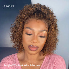Weekly Special | Brown Highlight Short Cut Slicked Back Curly Ear-to-ear Wide T Lace Wig - US Only