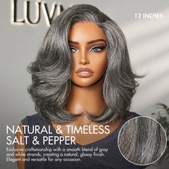 Put On and Go Salt and Pepper Layered Bob Glueless Pre-Cut Minimalist Lace Grey Wig