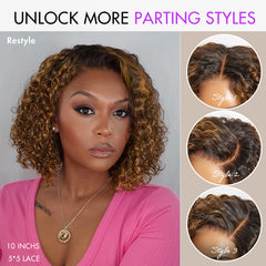 Brown Highlight / Natural Black / Blonde Highlight Deep Curly Glueless 5x5 Closure Pre-Cut Lace Wig