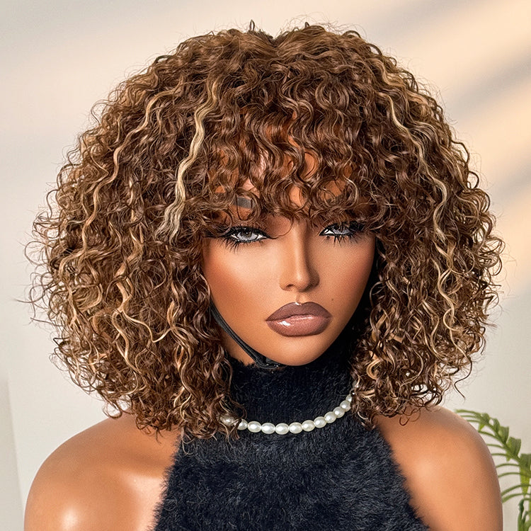 Beginner Friendly Ash Blonde Highlights Water Wave True Scalp Minimalist Lace Glueless Curly Wig with Bangs