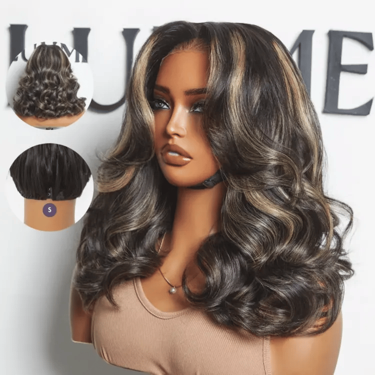 Curtain Bangs Blonde Highlight Loose Wave Glueless 5x5 Closure Pre-Cut Lace Wig All Head Sizes Fit Cap