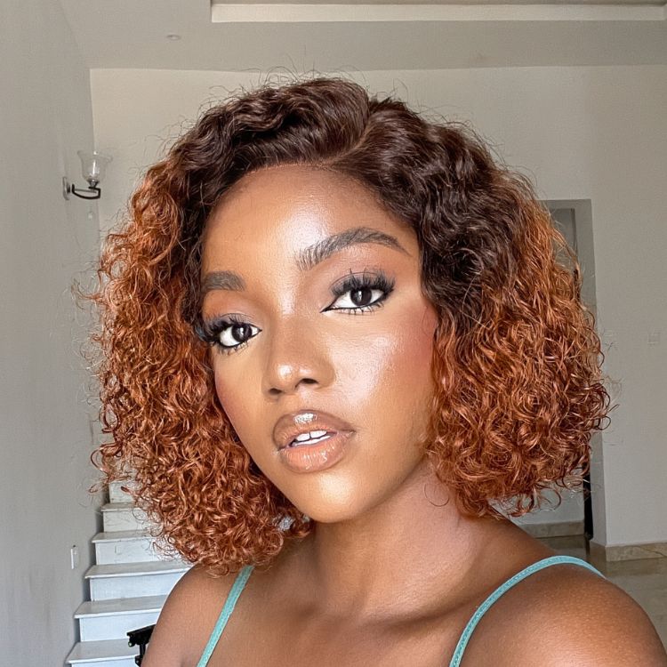 Trendy Mix Brown Short Cut Curly Minimalist HD Lace Glueless Side Part Curly Bob Wig 100% Human Hair