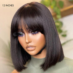 Exclusive Sale | Put On and Go Realistic Glueless Yaki Straight Bob with Bangs Minimalist Lace Wig 100% Human Hair